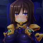  &gt;:( blush bodysuit breast_suppress breasts brown_hair commentary_request frown galerie jitome large_breasts long_hair looking_at_viewer muvluv muvluv_alternative muvluv_total_eclipse purple_eyes solo sweat takamura_yui upper_body v-shaped_eyebrows 