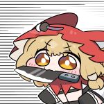  1girl animal_ears arknights arknights:_endfield beleullin black_gloves blonde_hair chibi chibi_only commentary_request fang gloves highres hood knife_in_mouth korean_commentary rossi_(arknights) running simple_background skin_fang solo wolf_ears wolf_girl yellow_eyes 