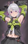  1girl anby_demara armpits belt black_belt black_skirt commentary_request empty_eyes fingerless_gloves gloves highres mind_control navel purple_eyes px-tea simple_background skirt solo translation_request white_hair zenless_zone_zero 