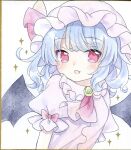  1girl :d apple black_wings blue_hair bow brooch collared_shirt commentary_request food frilled_shirt_collar frills fruit hat highres jewelry kagome_f looking_at_viewer pink_hat pink_shirt puffy_short_sleeves puffy_sleeves red_bow red_eyes remilia_scarlet shikishi shirt short_sleeves smile solo touhou traditional_media upper_body white_background wings 