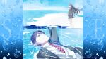  1boy 1girl bare_legs beach bird black_hair black_jacket blazer blue_sky blue_theme commentary company_name copyright_name copyright_notice green_eyes horizon jacket kenmochi_touya kenmochi_touya_(1st_costume) long_hair lying necktie nijisanji ocean official_art open_clothes open_jacket outdoors partially_submerged plaid_clothes plaid_skirt purple_hair red_necktie sample_watermark school_uniform short_hair skirt sky standing sweater_vest tsukino_mito tsukino_mito_(1st_costume) virtual_youtuber watermark yonemuro 