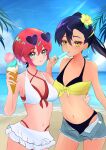  2girls absurdres amate_yuzuriha arm_around_another's_back beach bikini blue_eyes breasts cleavage commentary_request eyewear_on_head flower food food_in_mouth gundam gundam_gquuuuuux hair_flower hair_ornament highres holding holding_food holding_ice_cream_cone holding_popsicle ice_cream ice_cream_cone multiple_girls navel nyaan_(gundam_gquuuuuux) open_clothes open_fly open_shorts outdoors ponytail popsicle popsicle_in_mouth purple_hair red_hair short_hair shorts skirt sunglasses swimsuit white_skirt xcua4574 yellow_eyes 