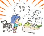  1girl blue_eyes blue_hair blue_shirt blush comedic_sweatdrop commentary_request food holding holding_food kabiinyo_(kab) lettuce long_sleeves open_mouth original pink_shoes profile purple_skirt shirt shoes shopping_cart skirt socks solo spring_onion sweatdrop translation_request wavy_mouth white_background white_socks 
