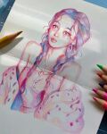  1girl aiwei art_tools_in_frame braid brown_eyes brown_hair coat collarbone colored_pencil colored_pencil_(medium) commentary earrings english_commentary fur_coat highres hoop_earrings jewelry jihyo_(twice) k-pop long_hair looking_ahead off_shoulder pencil photo_(object) pink_coat pink_lips pink_tube_top real_life solo strapless traditional_media tube_top twice_(group) twin_braids upper_body 