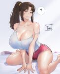  1girl ? artist_name blush breasts casual closed_mouth collarbone commentary_request covered_nipples curious dolphin_shorts fatal_fury high_ponytail highres large_breasts long_hair looking_at_viewer parted_bangs pink_shorts ponytail pussy_juice shiranui_mai short_shorts shorts sitting solo speech_bubble spoken_question_mark street_fighter street_fighter_6 tank_top tomo_eokaiteru very_long_hair wariza white_tank_top 