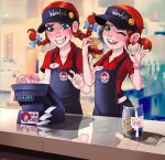  2girls apron blue_bow blush bow bracelet braid brand_name_imitation burger commentary condom dual_persona earrings employee_uniform english_text food freckles french_fries green_eyes grin hair_bow hat heart jewelry looking_at_viewer multiple_girls non-web_source one_eye_closed open_mouth red_hair red_shirt ronald_mcdonald shadman shirt short_sleeves smile teeth twin_braids twintails visor_cap wendy's wendy_(wendy's) 