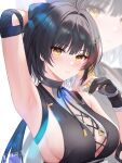  1girl antenna_hair arm_up armpits bare_shoulders black_bow black_dress black_gloves black_hair blunt_bangs blush bow breasts chinese_commentary cleavage closed_mouth commentary_request cross-laced_clothes cross-laced_dress cross-laced_top dress earrings elbow_pads eyeliner female_rover_(wuthering_waves) gloves hair_between_eyes hair_bow hair_ornament hair_ribbon hairclip highres jewelry large_breasts lens_flare long_hair looking_at_viewer makeup orange_ju_(pixiv_119692031) parallel_hairclips partially_fingerless_gloves red_eyeliner ribbon rover_(wuthering_waves) sidelocks sleeveless sleeveless_dress triangle_earrings upper_body white_background wuthering_waves yellow_eyes yellow_ribbon zoom_layer 