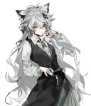  1girl animal_ears aqua_eyes arknights black_nails black_skirt black_vest closed_mouth collared_shirt cowboy_shot fingernails gem hair_between_eyes hair_ornament hairclip hand_on_own_cheek hand_on_own_face highres lappland_(arknights) long_sleeves looking_at_viewer muki_(muki_kunxd) nail_polish shirt simple_background skirt solo standing vest white_background white_shirt wolf_ears wolf_girl 
