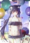  1girl animal_ear_fluff animal_ears balloon bare_shoulders bikini bikini_skirt black_bikini black_hair blue_archive cat_ears cat_girl commentary extra_ears fang frilled_bikini frills halo highres long_hair looking_at_viewer navel off-shoulder_bikini off_shoulder official_alternate_costume passing_dog pink_halo serika_(blue_archive) serika_(swimsuit)_(blue_archive) skin_fang solo swimsuit twintails wolf_ears 