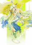  1girl arknights artist_name black_shoes blonde_hair blue_hair bracelet chinese_commentary closed_mouth colored_extremities commentary_request dragon_girl dragon_horns dragon_tail earrings eastern_dragon_horns eastern_dragon_tail full_body hair_intakes hair_ornament hair_stick hand_on_hilt highres horns jewelry long_hair looking_at_viewer multicolored_hair pointy_ears sandymiu shoes shu_(arknights) solo tail very_long_hair white_hair yellow_hands 