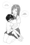  1boy 1girl age_difference aged_down alternate_universe bkg0303 bleach bow bowtie breasts child commentary_request greyscale highres hug inoue_orihime karakura_high_school_uniform korean_commentary korean_text large_breasts light_blush long_hair looking_at_viewer loose_hair_strand miniskirt monochrome no_shoes onee-shota pleated_skirt school_uniform seiza shorts sitting skirt socks sweatdrop translation_request ulquiorra_cifer 