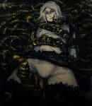  1boy bulge crying cursoulla fur_trim grabbed_by_tentacles hair_ornament highres long_hair male_focus nier nier_(brother) nier_(brother)_(post_timeskip) nier_(series) rape restrained tentacle_pit tentacle_sex tentacles tentacles_on_male tentacles_under_clothes white_hair 