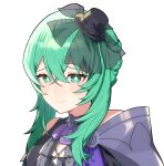  1girl absurdres armor ascot blush_stickers bow breasts closed_mouth commission commissioner_upload crossed_bangs fascinator fire_emblem fire_emblem:_fortune's_weave frown green_eyes green_hair hair_between_eyes hat hat_bow highres looking_at_viewer mini_hat ninae_(fire_emblem) non-web_source portrait purple_ascot shiimidori short_hair_with_long_locks shoulder_armor simple_background small_breasts solo transparent_background upper_body 