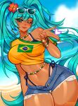  1girl absurdres aqua_hair artist_name beach bead_choker beads bikini blue_bikini blue_sky blush bracelet brazil brazilian_flag brazilian_flag_print brazilian_miku breasts closed_mouth cloud commentary dark-skinned_female dark_skin earrings eyewear_on_head flag_print flower hair_flower hair_ornament hatsune_miku heart highres jewelry large_breasts long_hair navel ocean one_eye_closed outdoors patreon_username rectangular_earrings shapy_wa shirt shorts shorts_tan single_bare_shoulder sky smile solo stomach sunglasses swimsuit tan tanlines thick_thighs thighs twintails vocaloid water watermark web_address white-framed_eyewear yellow_nails yellow_shirt 