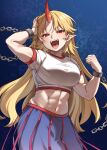  1girl abs absurdres biceps blonde_hair blue_background blue_skirt blush breasts chain commentary_request crop_top cropped_shirt cuffs fangs flexing hand_on_own_head highres horns hoshiguma_yuugi large_breasts long_hair looking_at_viewer midriff muscular muscular_female navel oni open_mouth pointy_ears red_eyes red_horns shackles shirt short_sleeves single_horn skirt smile solo sumiyama_sui touhou very_long_hair white_shirt 