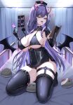  1girl absurdres ahoge akuma_nihmune bandages bikini black_bikini black_shrug black_skirt black_thighhighs black_wings blush breasts cleavage clipboard demon_girl demon_horns demon_tail demon_wings facial_mark hair_ornament hat heart heart_facial_mark highres holding holding_clipboard horns indie_virtual_youtuber infirmary large_breasts latex long_hair looking_at_viewer mole mole_under_eye nurse nurse_cap open_mouth purple_hair red_eyes red_horns shrug_(clothing) skirt solo star_(symbol) star_hair_ornament swimsuit sylix44 syringe tail thick_thighs thighhighs thighs tongue virtual_youtuber wings 