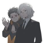  2boys alternate_universe arm_on_another's_shoulder bad_end black_cloak black_eyes black_hair black_necktie cloak collared_shirt commentary_request evil_smile grey_hair highres hood hooded_cloak jacket long_sleeves looking_at_viewer male_focus multicolored_cloak multiple_boys natsuki_subaru necktie otto_suewen re:zero_kara_ayamatsu_isekai_seikatsu re:zero_kara_hajimeru_isekai_seikatsu red_eyes riyu_qvq shirt simple_background smile straight-on suit suit_jacket two-sided_cloak two-sided_fabric upper_body waving white_background white_shirt 