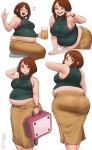  1girl alcohol ass beer beer_mug big_belly blush boku_no_hero_academia bra breasts briefcase brown_eyes commentary cup drunk english_commentary fat hair_behind_ear highres holding holding_briefcase holding_cup kipteitei laughing looking_to_the_side medium_breasts mug multiple_views navel notice_lines open_mouth panties_visible_through_clothes parted_lips patreon_logo patreon_username pink_bra pointing pointing_up ribbed_shirt shirt skindentation sleeveless sleeveless_shirt smile turtleneck turtleneck_shirt underwear uraraka_ochaco white_background 