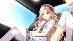  1boy 1girl blonde_hair blue_eyes bow bow_hairband brown_hairband car_interior car_seat crossed_legs dutch_angle e_school_life frilled_skirt frills from_below game_asset grey_necktie hairband highres indoors karasuma_yuka long_hair looking_at_another loose_necktie miniskirt necktie non-web_source official_art open_collar open_mouth pantyhose plaid_clothes rinks school_uniform short_sleeves sitting skirt wavy_hair white_pantyhose window 