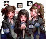  3girls aegyo_sal ahenobarbus_henocied armband bag black_hair blazer blue_armband blue_necktie blunt_bangs bow bowtie brown_hair collared_shirt commentary_request creepypasta drill_hair drill_ponytail earrings genderswap genderswap_(mtf) grey_eyes high_ponytail highres holding holding_knife horror_(theme) jacket jeff_the_killer jewelry kadimamibak kimura_yoshie knife licking_lips looking_at_viewer loose_necktie multiple_earrings multiple_girls necktie open_mouth original own_hands_clasped own_hands_together personification pink_nails ponytail red-framed_eyewear reference_inset shirt short_twintails sidelocks sweat teeth tongue tongue_out twintails upper_body v white_background white_shirt 