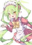  1girl alternate_costume apron blue_archive blush bow commentary_request dress earrings embarrassed enmaided fang frilled_apron frills green_hair green_halo hair_ribbon halo hand_up highres jewelry long_hair long_sleeves looking_at_viewer maid maid_apron maid_headdress nozomi_(blue_archive) open_mouth pink_dress pink_skirt pointy_ears ribbon simple_background skirt smile solo thighhighs tsukimirin twintails white_apron white_background white_thighhighs yellow_bow yellow_eyes zettai_ryouiki 
