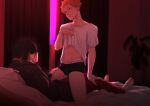  2boys abs adam's_apple arm_support barefoot bed black_hair black_hoodie black_male_underwear boxer_briefs brown_eyes bulge caheoarts closed_mouth collarbone commentary curtains english_commentary haikyuu!! hand_on_another's_knee hand_on_another's_thigh highres hinata_shouyou hip_bones hood hood_down hoodie indoors kozume_kenma looking_at_another male_focus male_underwear multicolored_hair multiple_boys navel no_pants on_bed orange_hair pants plant presenting_stomach protected_link red_pants shirt sitting t-shirt two-tone_hair underwear white_shirt window yaoi 
