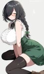  1girl black-framed_eyewear black_hair black_thighhighs boots braid braided_ponytail breasts brown_boots commentary_request glasses green_eyes green_ribbon green_skirt hair_over_one_eye hair_ribbon highres kanoto_kaoru large_breasts long_hair looking_at_viewer original ribbon shirt skirt sleeveless sleeveless_shirt solo thighhighs thighs urabanasimati white_shirt 