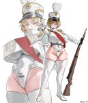  1girl absurdres aiguillette band_uniform bayonet breasts commentary_request epaulettes gloves gun hat highleg highleg_leotard highres jacket korean_commentary leotard long_sleeves m1_garand military military_jacket military_uniform ong_doi original rifle shako_cap thighhighs weapon white_gloves white_leotard white_thighhighs 