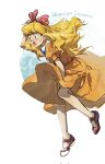  1boy aihara-rina ash_ketchum ashley_(pokemon) blonde_hair bow bow_hairband chinese_commentary commentary_request crossdressing crossdressing_(mtf) dress from_side full_body hair_bow hairband hand_on_own_head highres male_focus open_mouth orange_dress pink_bow pokemon pokemon_(anime) pokemon_(classic_anime) puffy_short_sleeves puffy_sleeves red_shoes shoes short_sleeves solo sweatdrop wig 