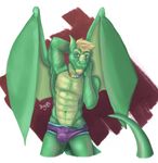  anthro bulge clothing dognextdoor dragon facial_hair goatee green_scales jewelry looking_at_viewer male navel necklace scales simple_background smile solo underwear wings 