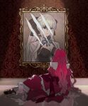  1girl animal_feet arm_support baobhan_sith_(fate) baobhan_sith_(first_ascension)_(fate) bare_shoulders deer_girl detached_sleeves dress facing_away fate/grand_order fate_(series) from_behind highres hooves indoors light_particles long_hair long_sleeves looking_at_object morgan_le_fay_(fate) morgan_le_fay_(first_ascension)_(fate) on_floor painting_(object) picture_frame portrait_(object) red_dress red_hair reflective_floor sitting sleeveless sleeveless_dress solo torn_painting vo1ez 