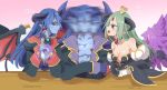  1boy 2girls afterimage alfine astaroth_(shinrabanshou) belial_(shinrabanshou) black_gloves black_horns black_jacket black_sclera black_tail blue_hair blue_skin breasts bridal_gauntlets character_name cleavage closed_mouth colored_sclera colored_skin commentary_request crown demon_girl demon_horns demon_tail demon_wings dress earrings elbow_on_table feathered_wings forehead_jewel gloves gold_trim green_eyes green_hair heart heart_earrings horns jacket jewelry katachi_yumiyuri large_breasts long_hair multiple_girls muscular muscular_male off-shoulder_dress off_shoulder open_clothes open_jacket open_mouth pointy_ears profile shinrabanshou tail wings yellow_eyes 