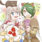  1boy 1girl animal_ears animal_on_head arch_bishop_(ragnarok_online) bard_(ragnarok_online) black_cat blue_dress blue_eyes brown_cape brown_shirt cape cat cat_ears cat_on_head closed_mouth clover_hair_ornament commentary_request crepe dated dress eating fake_animal_ears food four-leaf_clover_hair_ornament fuhka green_hair grey_hair hair_ornament hair_over_one_eye heart holding holding_crepe holding_food long_hair long_sleeves looking_at_viewer lowres on_head open_mouth ragnarok_online shirt short_hair smile upper_body white_background yellow_eyes 