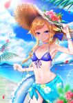  1girl absurdres arm_up armpits bare_arms bare_shoulders beach bead_bracelet beads bikini blonde_hair blue_bikini blue_choker blue_hair blue_nails blue_ribbon blue_sarong bracelet breasts choker closed_mouth cloud collarbone commentary_request cowboy_shot dated day fingernails floral_print flower front-tie_bikini_top front-tie_top fururuu hair_flaps hair_ribbon halterneck hand_on_headwear hat hat_flower hibiscus hibiscus_print highres hill himehina_channel innertube jewelry long_hair looking_at_viewer low_ponytail multicolored_hair nail_polish navel ocean outdoors palm_leaf petals pink_flower ponytail print_sarong purple_eyes red_flower ribbon sand sarong signature sky small_breasts smile solo standing stomach straw_hat streaked_hair string_bikini sun_hat sunflower suzuki_hina swim_ring swimsuit triangle_bikini_top virtual_youtuber water water_drop yellow_flower 
