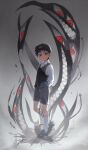  1boy absurdres arms_behind_head artist_name black_hair black_shoes black_vest commentary deerishk dress_shirt english_commentary extra_eyes extra_mouth full_body fullmetal_alchemist glowing glowing_eyes gradient_background grey_background grey_shorts highres looking_at_viewer male_focus monster pride_(fma) red_eyes selim_bradley sharp_teeth shirt shoes short_hair shorts signature smile socks solo teeth v-shaped_eyebrows vest white_shirt white_socks 