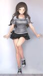  1girl absurdres black_shoes black_skirt brown_eyes brown_hair closed_mouth commentary_request frilled_skirt frills full_body hanamasa_ono highres idolmaster idolmaster_million_live! kitazawa_shiho light_smile long_hair looking_at_viewer miniskirt shirt shoes short_sleeves skirt solo standing striped_clothes striped_shirt stuffed_animal stuffed_cat stuffed_toy t-shirt white_shirt 