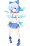  1girl :d alternate_costume bikini bikini_skirt black_socks blue_bikini blue_boots blue_bow blue_choker blue_eyes blue_hair blush boots bow choker cirno commentary_request detached_wings e.o. fold-over_boots food frilled_skirt frills full_body hair_bow hand_on_own_hip highres holding holding_food holding_popsicle ice ice_wings looking_at_viewer medium_hair navel popsicle see-through_clothes simple_background skirt smile socks solo stomach swimsuit touhou white_background wings 