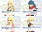  1boy 3girls armor assassin_cross_(ragnarok_online) black_gloves black_shirt blue_hair blush breasts brown_cape cape cecil_damon cleavage closed_mouth commentary_request crop_top double_bun dress eremes_guile fur-trimmed_cape fur-trimmed_gloves fur-trimmed_shirt fur_trim gloves hair_between_eyes hair_bun hair_ribbon high_priest_(ragnarok_online) high_wizard_(ragnarok_online) kathryne_keyron long_bangs long_hair looking_at_viewer margaretha_sorin medium_breasts multiple_girls nyt_(1-0-z) open_mouth pauldrons ragnarok_online red_dress red_eyes red_ribbon red_scarf ribbon sash scarf shirt short_hair shoulder_armor sleeveless sleeveless_shirt small_breasts smile sniper_(ragnarok_online) translation_request two-tone_dress upper_body video_game_dialogue_box white_dress white_sash yellow_gloves yellow_shirt 