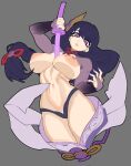  1girl alternate_breast_size_(larger) arm_up between_breasts blunt_bangs braid breasts bridal_gauntlets commentary covered_nipples drawing_sword empty_eyes english_commentary genshin_impact grey_background hair_ornament hair_ribbon head_tilt highres holding holding_sword holding_weapon human_scabbard japanese_clothes katana kimono large_breasts long_hair looking_at_viewer mole mole_under_eye musou_isshin_(genshin_impact) navel nezo panties parted_lips purple_eyes purple_hair purple_kimono purple_lips purple_nails raiden_shogun ribbon simple_background single_braid sketch solo stomach sword sword_between_breasts thick_thighs thighs toned toned_female underwear undressing very_long_braid weapon weapon_between_breasts 