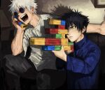  2boys aged_down arm_up arms_up blue_eyes blue_shirt child closed_mouth commentary couch english_commentary f_tality0 fushiguro_megumi gojo_satoru highres holding holding_phone indoors jujutsu_kaisen lamp lego long_sleeves male_focus multiple_boys open_mouth phone picture_frame rimless_eyewear round_eyewear shirt short_hair sitting spiked_hair sunglasses teeth tongue white_hair 