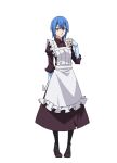  1girl apron artist_request black_pantyhose blue_eyes blue_hair breasts closed_mouth dress fingerless_gloves full_body gloves hair_between_eyes hand_up high_heels looking_at_viewer maid maid_apron official_art pantyhose purple_dress purple_shoes rain_(tensura) second-party_source shoes short_hair simple_background solo standing tensei_shitara_slime_datta_ken transparent_background white_apron white_gloves 