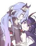  2girls 5rwpvc ahoge black_corset black_dress black_shrug blue_hair breasts corset dress elf elysia_(honkai_impact) elysia_(miss_pink_elf)_(honkai_impact) girl_on_top hair_ornament herrscher_of_corruption highres honkai_(series) honkai_impact_3rd horns large_breasts long_hair looking_at_another lying multiple_girls on_back pointy_ears purple_eyes purple_hair raiden_mei raiden_mei_(herrscher_of_thunder) red_horns shrug_(clothing) simple_background smile sweatdrop very_long_hair white_background yuri 