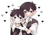  2boys antenna_hair arm_at_side bandaged_arm bandages bandaid bandaid_on_arm bandaid_on_cheek bandaid_on_face bare_arms bare_shoulders black_eyes black_hair black_sweater_vest black_tank_top blush bright_pupils chromatic_aberration closed_mouth colored_skin dual_persona empty_eyes fingernails fingersmile grin hair_behind_ear hair_between_eyes hand_up hands_on_another's_face hands_up heart male_focus mitsubachi_koucha multiple_boys no_pupils omori omori_(omori) shirt short_hair short_sleeves simple_background smile sunny_(omori) sweater_vest tank_top twitter_username upper_body white_background white_pupils white_shirt white_skin 