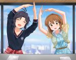  2girls :d ^_^ arms_up black_hair black_shirt blue_dress blush brown_eyes brown_hair cityscape closed_eyes clothes_around_waist commentary_request day dress facing_viewer flying_sweatdrops hagiwara_yukiho hanamasa_ono highres idolmaster idolmaster_(classic) indoors kikuchi_makoto multiple_girls open_mouth shirt short_hair smile standing window 