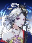  1girl bead_choker bead_necklace beads black_hair blue_background blue_robe bow-shaped_hair chinese_clothes chinese_commentary chinese_hairpin choker closed_mouth commentary_request crescent crescent_hair_ornament dress earrings eyes_visible_through_hair eyeshadow floral_print gold_earrings gradient_background hair_ornament hair_rings hair_stick hairclip happy highres infinity_nikki jewelry lipstick lishao_lishao makeup multicolored_hair necklace nikki_(series) print_dress purple_eyes purple_eyeshadow purple_lips red_choker robe simple_background single_bare_shoulder smile smoke solo split-color_hair strapless strapless_dress two-tone_background two-tone_hair upper_body where_wanxiang_weaves_life_(infinity_nikki) white_background white_hair yellow_dress 