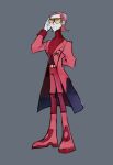  1boy adjusting_eyewear arm_behind_back black-framed_eyewear boots closed_mouth coat commentary english_commentary full_body glasses grey_background highres laurippo leggings long_sleeves male_focus maxie_(pokemon) orange-tinted_eyewear pokemon pokemon_omega_ruby_and_alpha_sapphire red_boots red_coat red_hair red_leggings red_shorts red_sweater short_hair shorts simple_background solo standing sweater team_magma team_magma_uniform tinted_eyewear turtleneck turtleneck_sweater 