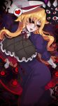  1girl absurdres black_gloves black_sclera blonde_hair blush breasts cleavage colored_sclera commentary disembodied_eye dress english_commentary fishnet_cutout gap_(touhou) gloves hat heart highres huge_breasts long_hair neck_ribbon pointy_ears purple_dress red_eyes ribbon rinnytanart solo spoken_heart touhou white_hat yakumo_yukari 