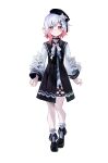  1girl belt beret black_choker black_coat black_hat black_shoes choker closed_mouth coat collared_coat commentary_request flower flower-trimmed_shorts flower-trimmed_sleeves frilled_socks frills full_body gradient_hair hair_flower hair_ornament hat hat_flower hat_ribbon highres long_sleeves looking_at_viewer mahou_shoujo_no_majo_saiban multicolored_hair neck_ribbon o-ring o-ring_thigh_strap oekakisuki3 pants pink_eyes pink_hair puffy_sleeves ribbon sakuraba_ema shirt shoes short_hair shorts simple_background sleeveless sleeveless_coat smile socks solo standing thigh_strap white_background white_flower white_hair white_pants white_ribbon white_shirt white_shorts white_sleeves white_socks x_hair_ornament 