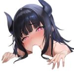  1boy 1girl absurdres black_hair black_horns blank_censor blush censored cheek_bulge comdost comdost_(vtuber) commentary demon_girl demon_horns english_commentary fellatio heart heart-shaped_pupils hetero highres horns implied_fellatio implied_nudity indie_virtual_youtuber meme negative_space_oral_(meme) oral purple_eyes simple_background solo_focus symbol-shaped_pupils white_background 