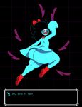  absurdres aqua_(deltarune) ass ass_focus black_hair blue_dress blue_skin boots colored_skin commentary deltarune dress english_commentary highres holding holding_knife huge_ass knife looking_back naughty_face one-eyed pepopori red_boots red_ribbon ribbon shortstack smile thick_thighs thighs utdr_(toby_fox) 